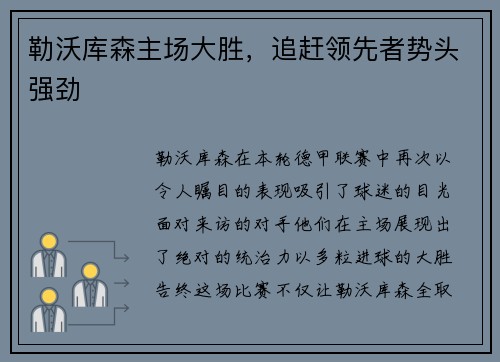 勒沃库森主场大胜，追赶领先者势头强劲