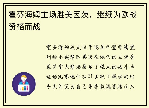 霍芬海姆主场胜美因茨，继续为欧战资格而战