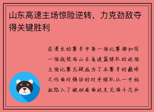 山东高速主场惊险逆转，力克劲敌夺得关键胜利