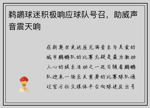鹈鹕球迷积极响应球队号召，助威声音震天响
