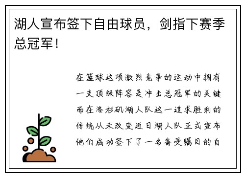 湖人宣布签下自由球员，剑指下赛季总冠军！