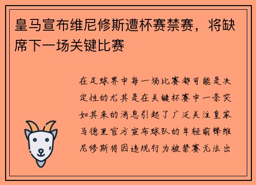 皇马宣布维尼修斯遭杯赛禁赛，将缺席下一场关键比赛