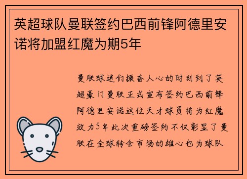 英超球队曼联签约巴西前锋阿德里安诺将加盟红魔为期5年